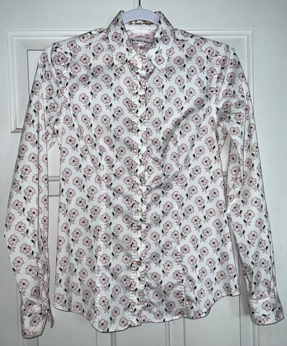 LE SARTE PETTEGOLE Italy White/Pink Floral Cotton Whimsical Blouse - Sz 40 - OB